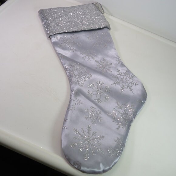 satin glittered silver stocking with glittered snowflakes & solid glitter cuff - Picture 1 of 8